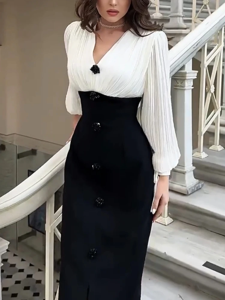 Vintage Color Block Dresses for Women V Neck Long Lantern Sleeves Lace Up Patchwork Slit Elegant Slim Bodycon Fashion Vestidos - AliExpress 200000345 Vintage Color Block Dresses for Women V Neck Long Lantern Sleeves Lace Up Patchwork Slit Elegant Slim Bodycon Fashion Vestidos - AliExpress 200000345