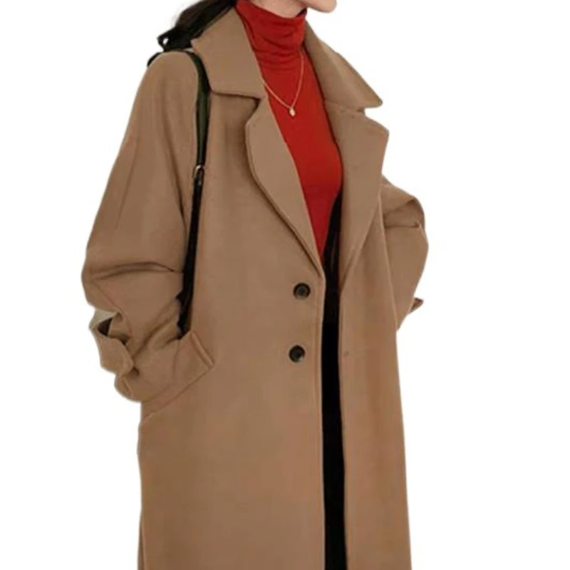 Giacca in tweed invernale da donna sopra il ginocchio di media lunghezza versione coreana del cappotto di lana nero addensato foresta allentata per studenti