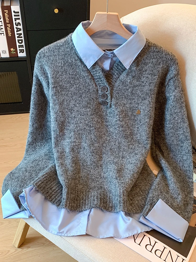 

Women's Knitted Sweater Fake Two-Piece Design Layering irt Autumn Winter High-End Feelings Brand Bule Design Knitwear Top