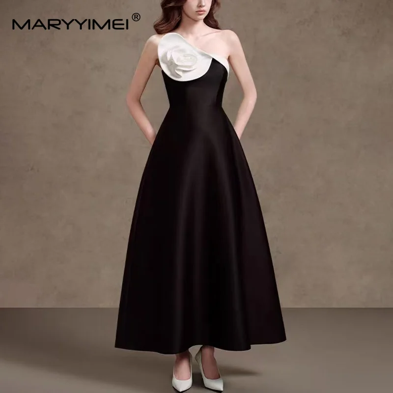 MARYYIMEI Stitched Flower Contrast Color ceremonial Dress tube top Waist Long Dress 2026 Summer Women's New Style