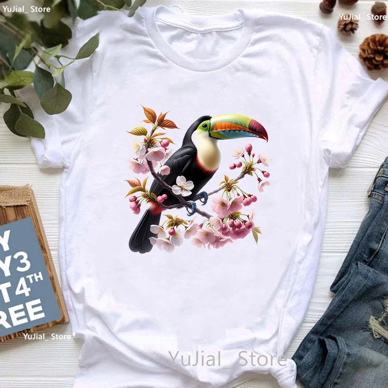 Watercolor Toucan Printed T Shirt Girls Kawaii Bird Tshirt Women Clothes 2024 Summer Tops Fashion Short Sleeve T-Shirt Female