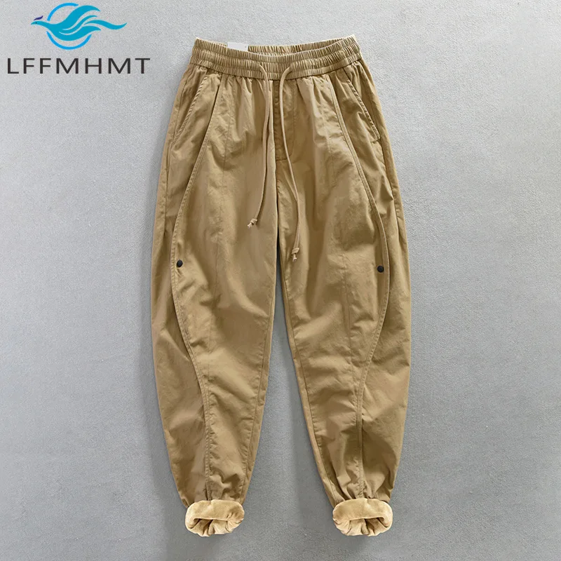 

Z640 Men's Thicken Fleece Casual Pants Winter Fashion Good Quality Solid Color Chic Button Patchwork Loose Relax Fit Trouser