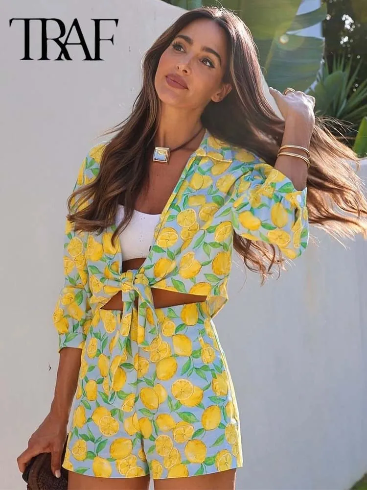 TRAF Women 2 Piece Set Summer Print Lace Up Shirt Casual Beach Short Top+High Waist Shorts Sets For Two Pieces Women Outfit