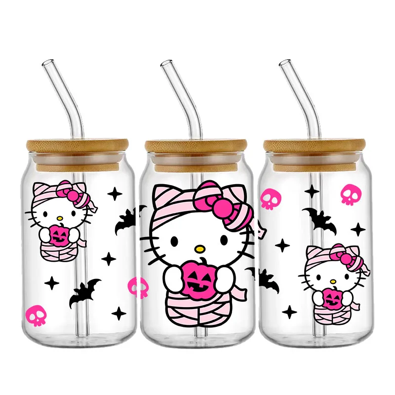 Miniso Halloween Cute Hello Kitty Pumpki UV DTF Cup Wraps Transfer Sticker For 16OZGlass Libbey Can Bottle Selfadhesive Washable