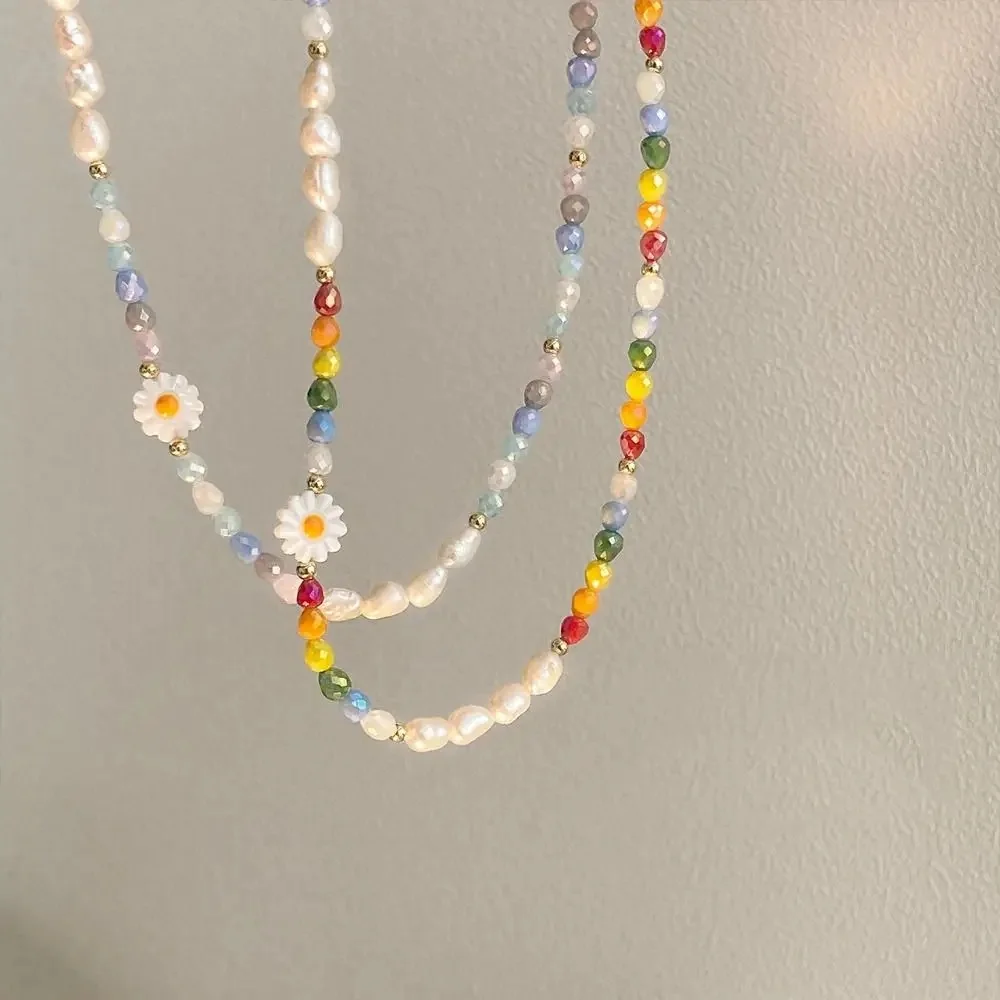

Korean Sweet Lovely Daisy Flower Choker Necklace for Women Handmade Imitation Pearl Beaded Collar Neck Chain Party Jewelry Gifts