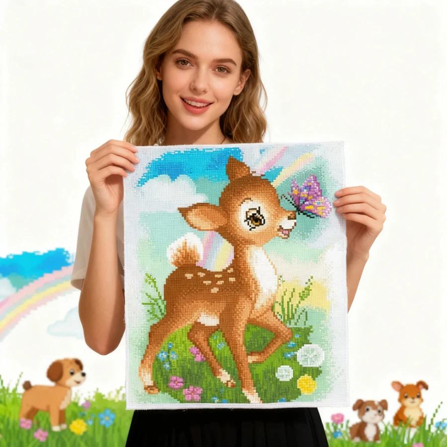 

2026 New style deer cartoon animal DIY Printed Canvas Cross Stitch Set For Full Embroidery Kit Animals Deer Home Wall Decoration