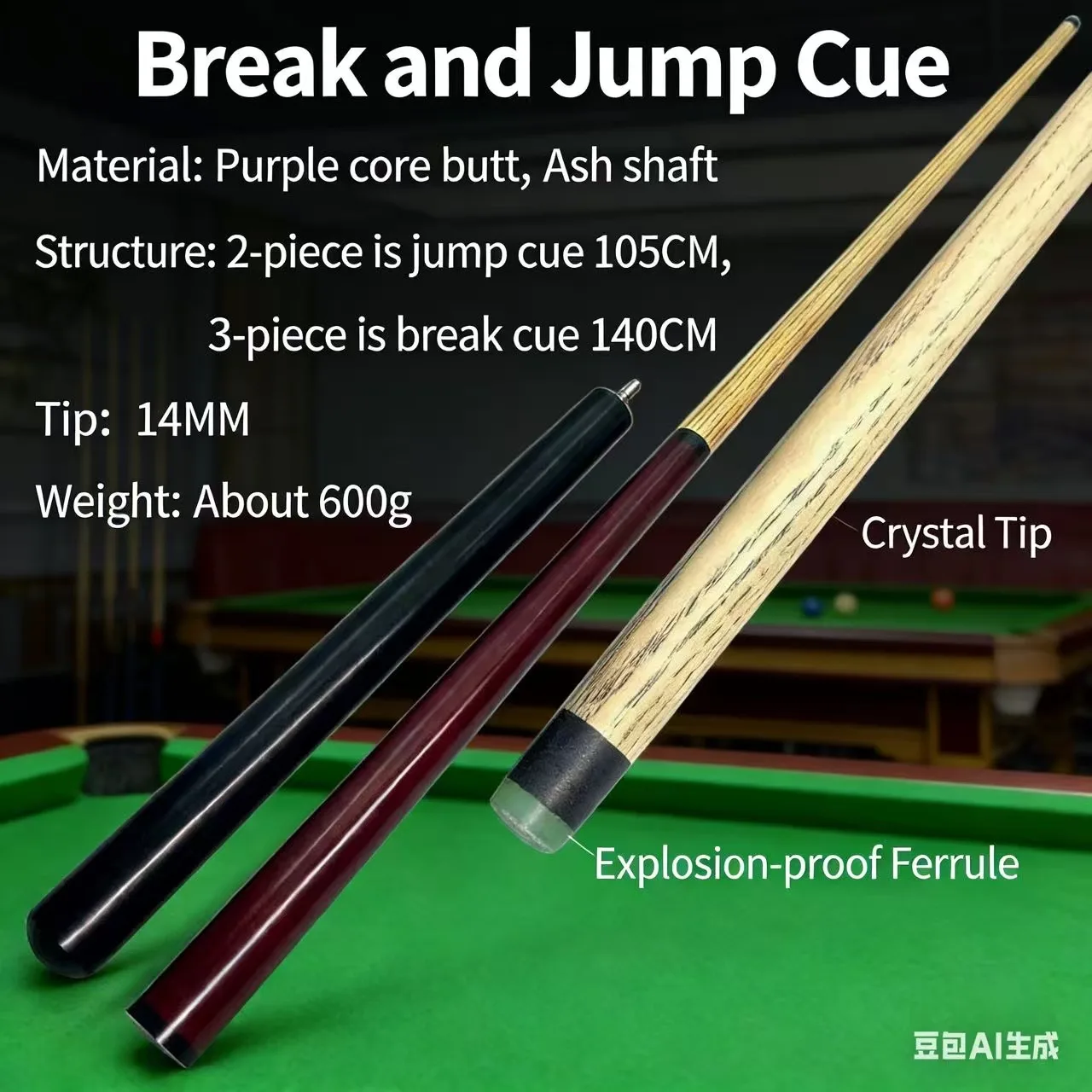 13mm Small Tip American Pool Break Cue – Ash Wood Construction with Crystal Leather Tip for Powerful Opening Shots
