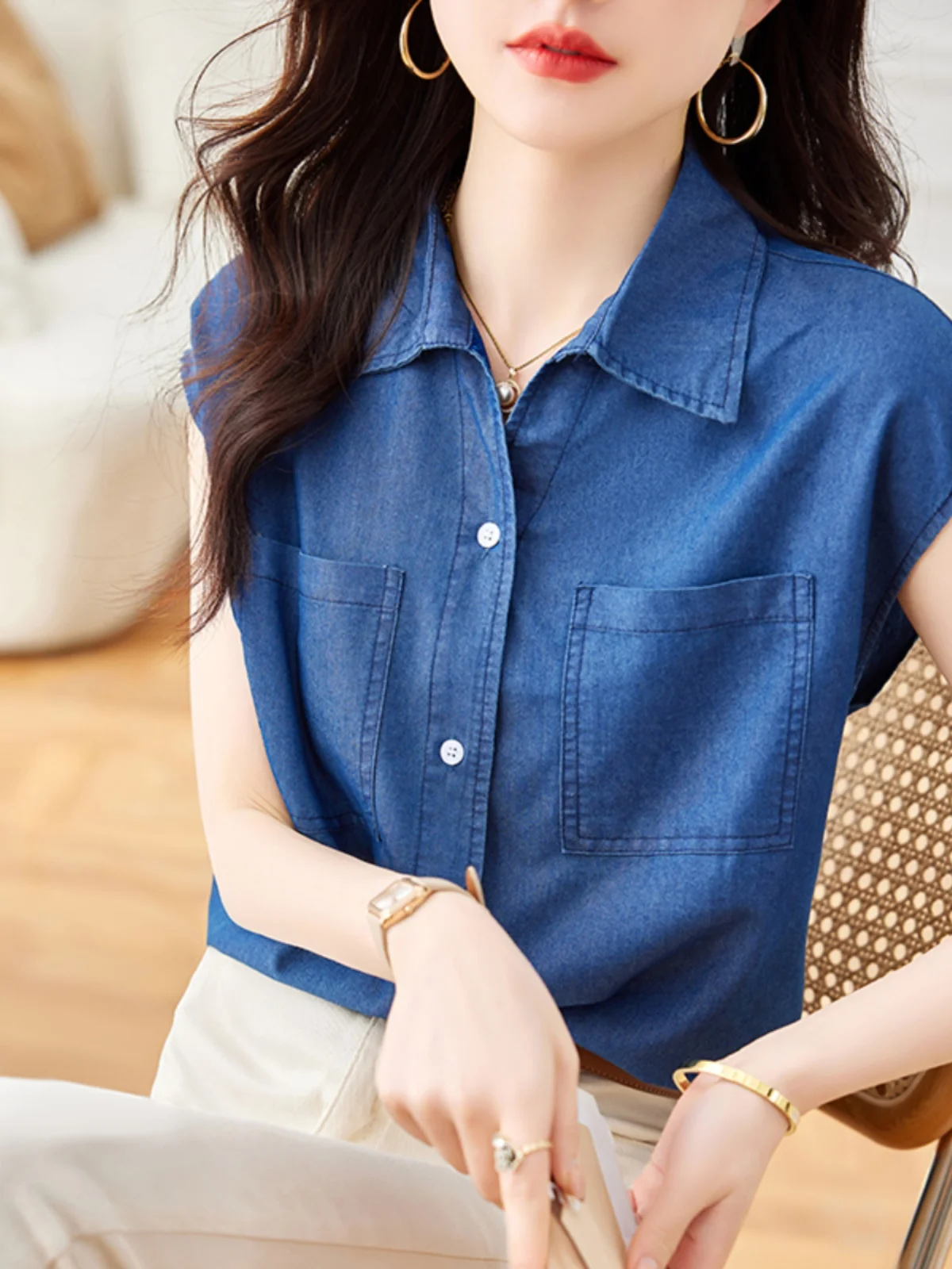 

Summer Casual Loose Women's Vest Commute Sle Svel Collar Denim irt Straight Cut Regular Thin Pure Color