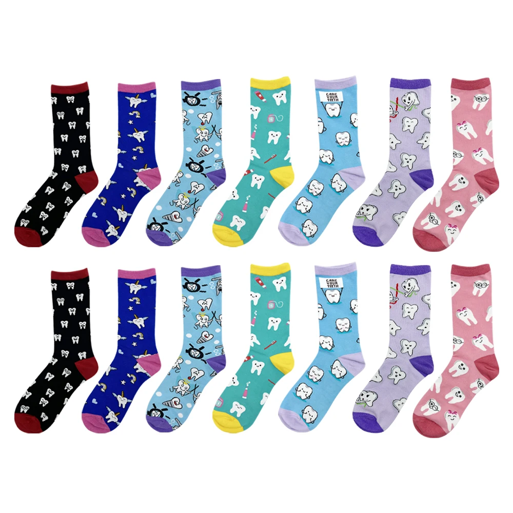 1 Pair Dental Teeth Socks Cute Funny Dental Assistant Gifts Teeth Pattern Crew Socks Novelty Dentist Nurse Women Hygiene Gifts