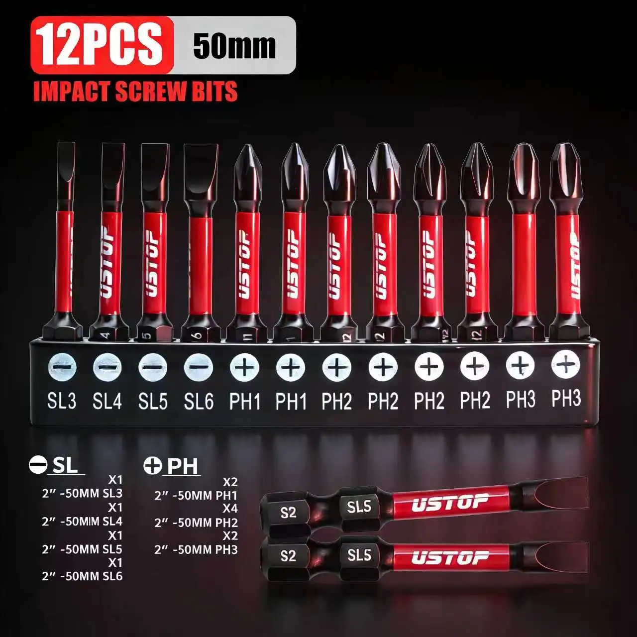 Ustop, 12-Piece Set of Sl and Ph Impact Screwdriver Bits, 50mm, Magnetic Bits, S2 Steel Material, Universal 1/4" Hex Shank Compatible with Electric Drills, Electric Screwdrivers, and Hand Tools, Suitable for Home DIY (Self-Repair and Crafts)/Mechanical Repairs/Electronic Device Installation/Furniture Assembly