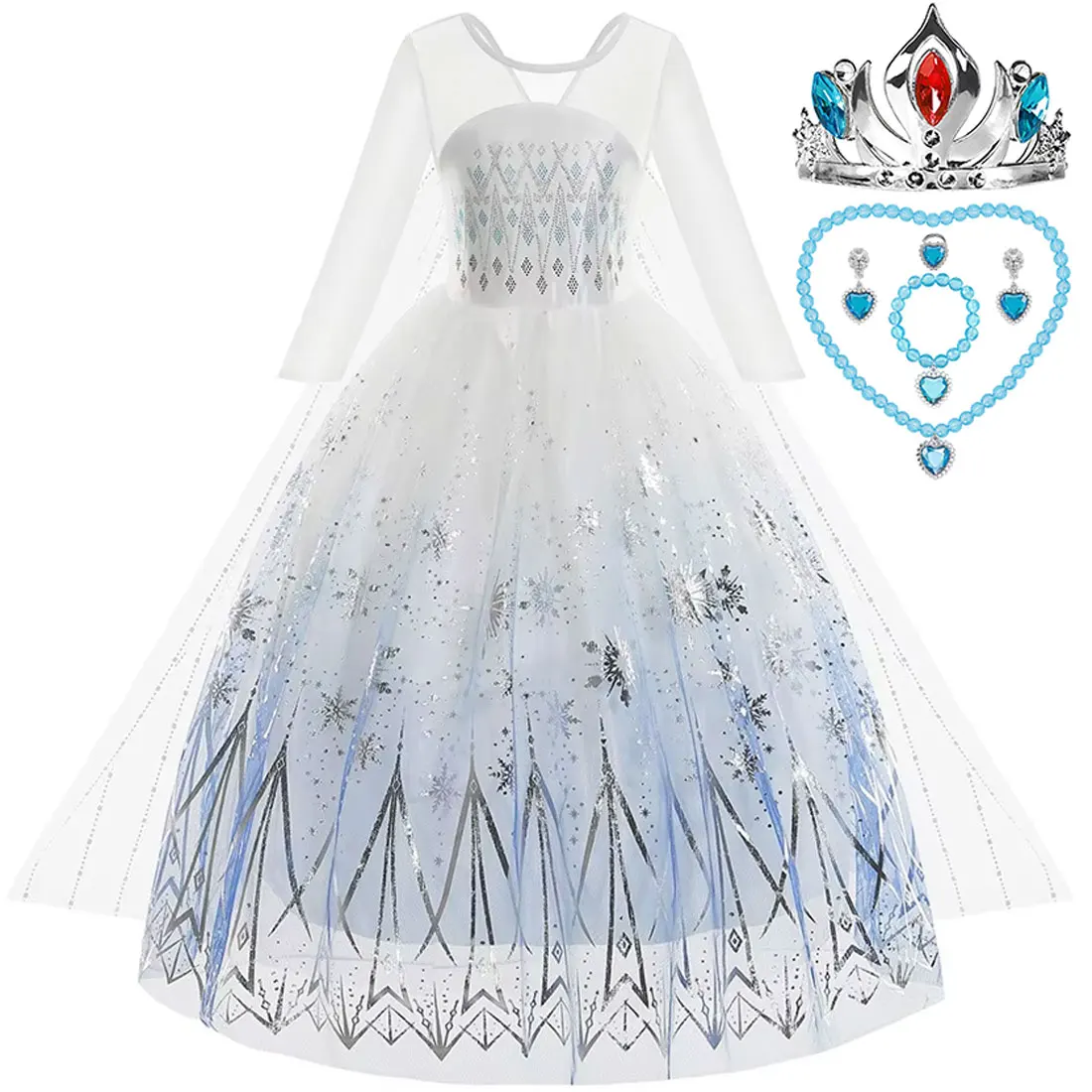 Disney Elsa Prinzessinnenkleid für Mädchen, weißes bedrucktes langärmliges Spitzenkleid, festliches Party-Geschenkset, gefrorenes Kleid, Feuergeist Olaf