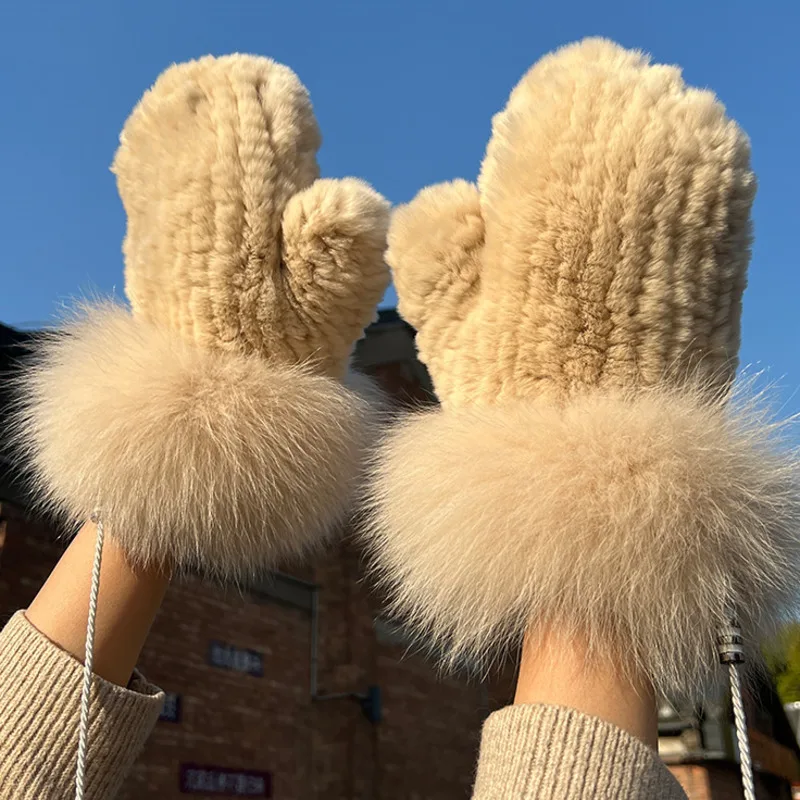 Real Rex Rabbit Fur Hanging Neck Gloves For Women Winter Plush Thickened Warm Real Fox Fur Gloves Genuine Fur Hand Warmer Gloves