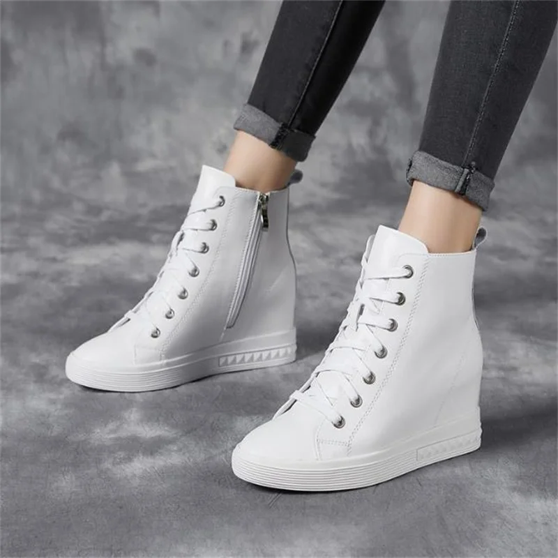 7cm Vulcanized Shoes Women Wedge Sneakers Designer Hidden High Heels Sneakers Winter Fur Warm Lace-up Black Shoes Ladies