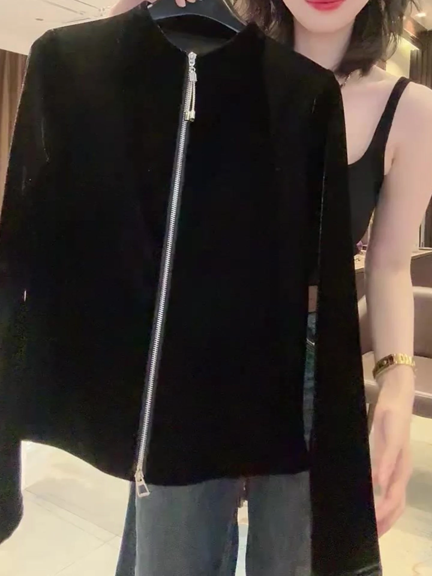 سترة علوية مخملية طويلة Sve ذات لون واحد irt بسحاب مزدوج فاخر وخفيفة الوزن مفتوحة لخريف 2025 #5