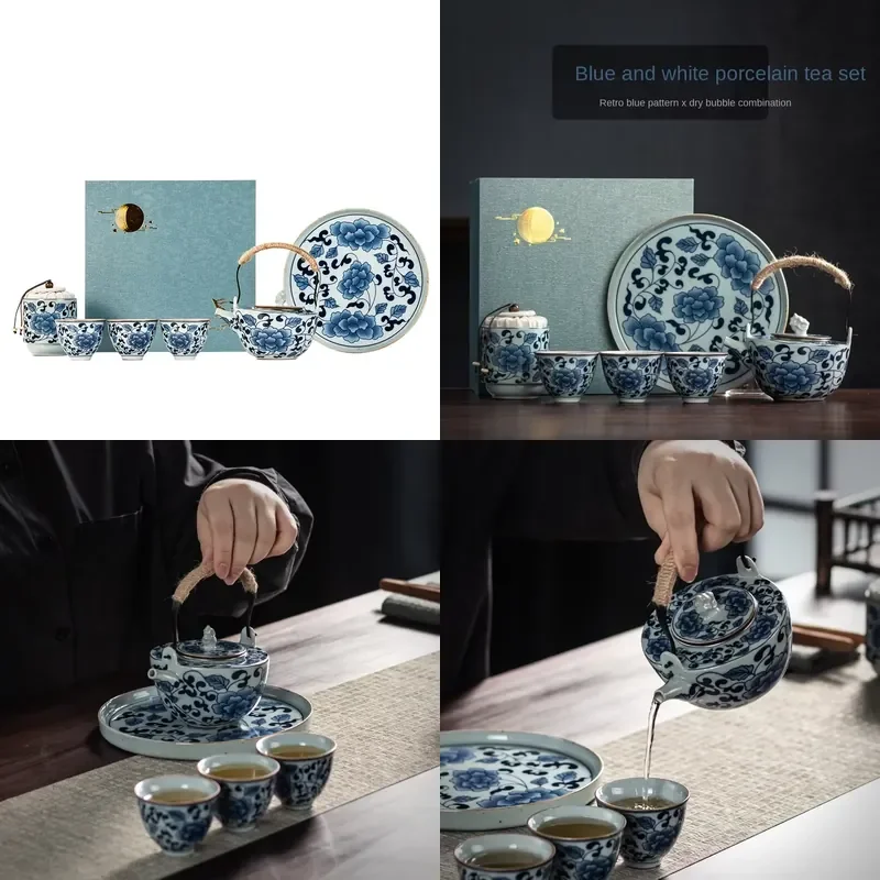 

【CHIMU HOME】 Japanese Blue and White Porcelain Loop-handled Teapot for Vintage Ceramic Set Kung Fu Cup Small Set with