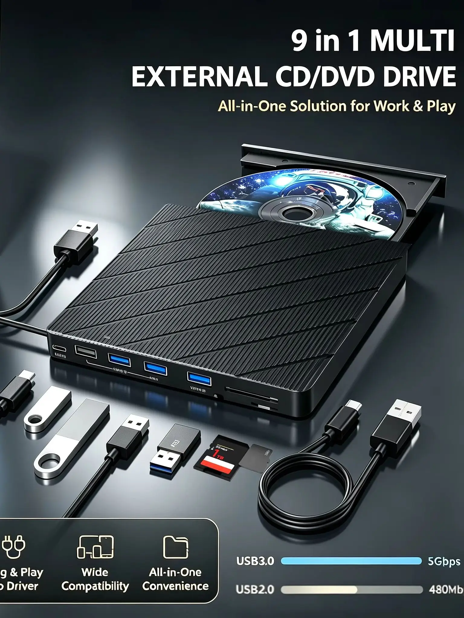 9‑in‑1 External CD/DVD Drive with USB 3.0 & Type‑C Hub, Full CD/DVD Reading, Writing, Burning and Playing Functions, Compatible with Laptops, Desktops, Windows & Linux OS