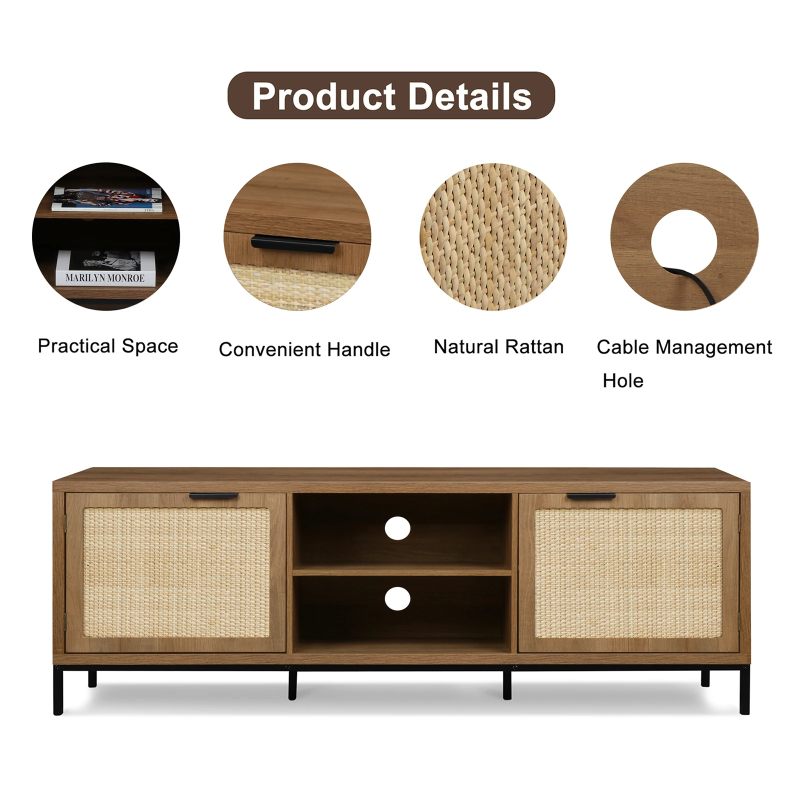 Aupodin-Farmhouse Rattan TV Stand, mesa de console rústica, 2 portas, moderno centro de entretenimento, 65 ", H0033