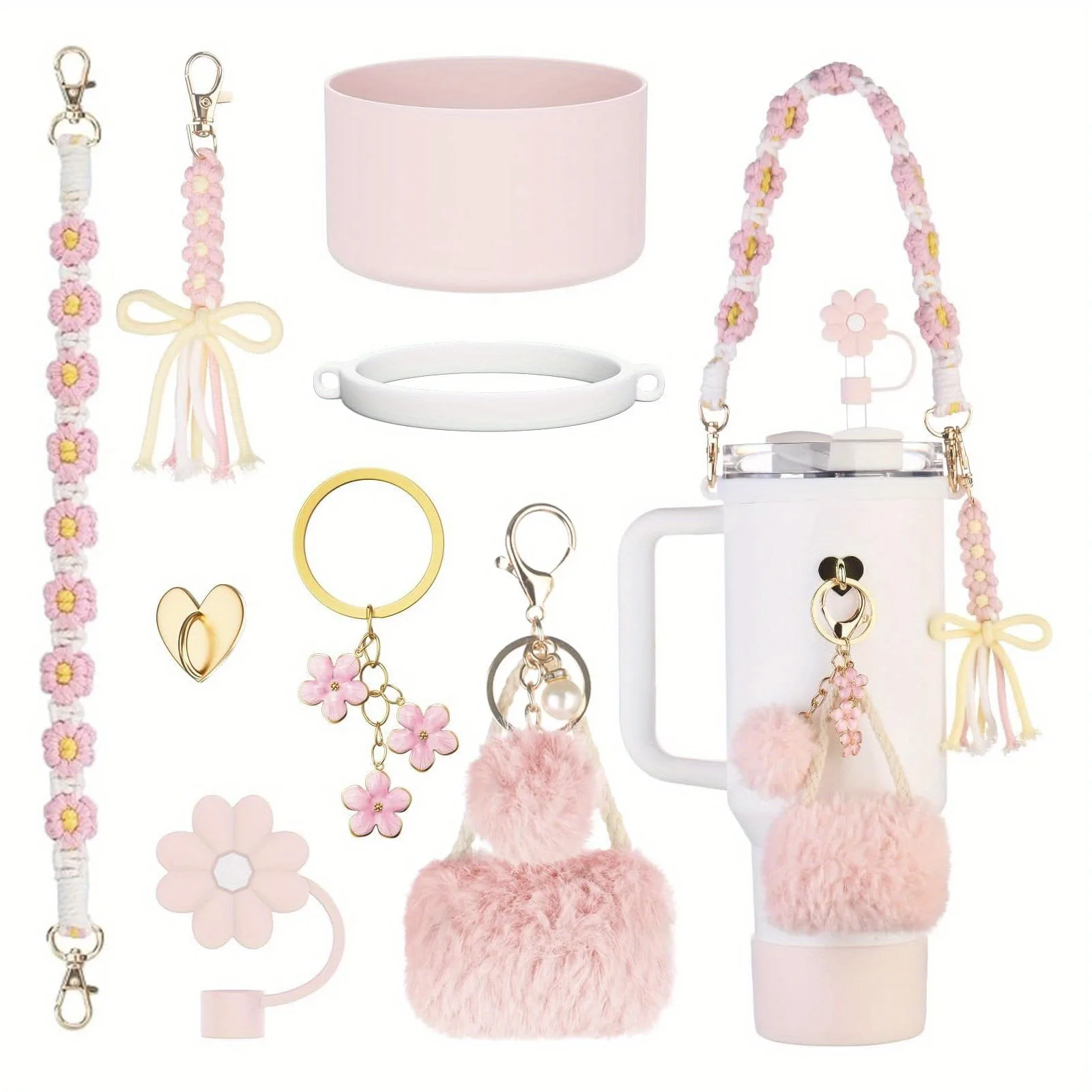 8pcs/lot straw cap case Charm chain pendant Accessories hairball Keychain Handle for Stanley cup bottle Tumbler for Women
