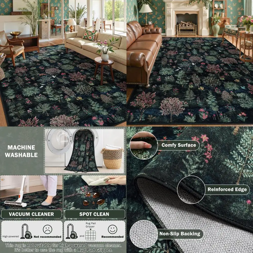 

Luxurious Beeiva Green Living Room Rug, 8x10 Feet, Soft and Washable, Non-Slip Low Pile Design with Forest Woodland Pattern