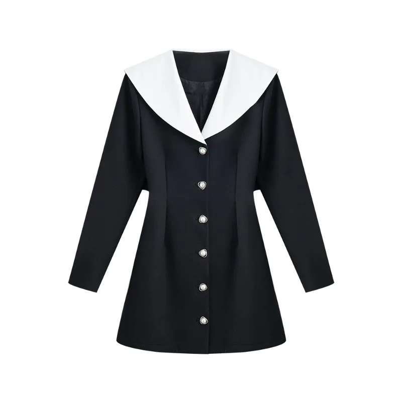 Vestido de gola marinha para mulheres senhora manga longa vestido linha a elegante design de duas camadas fino ajuste bonito roupa formal outono uso diário