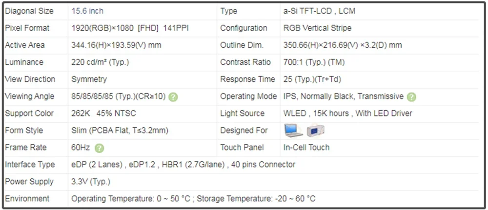 LP156WFD SPK2 LP156WFD-SPK2 15.6 inch LCD Touch Screen Laptop IPS Panel EDP 40pins FHD 1920x1080 In-Cell Touch 45% NTSC