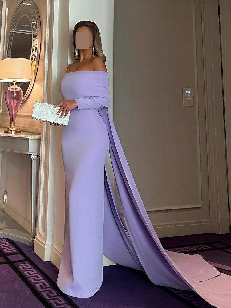 op maat gemaakte Saoedi-paarse zeemeermin avondjurk dames off-shoulder lange mouw feestjurk Arabische jurken voor speciale gelegenheden