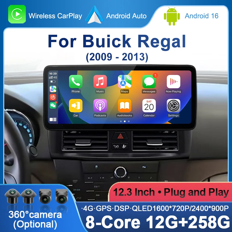 Android 16 Wireless Carplay GPS Navigtion For Buick Regal 2009-2013 Car Multimedia Radio Player WIFi+4G No 2din DVD Stereo DSP