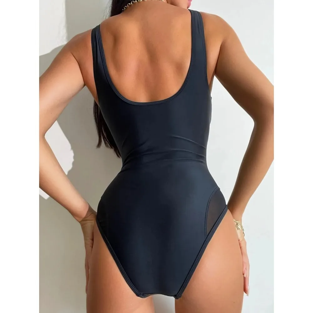 Sexy Swimsuit Women One Piece Bikini Backless Bathing Suit Black Swimwear Tight Solid Spliced Beach Swimming Suit Holiday 2024