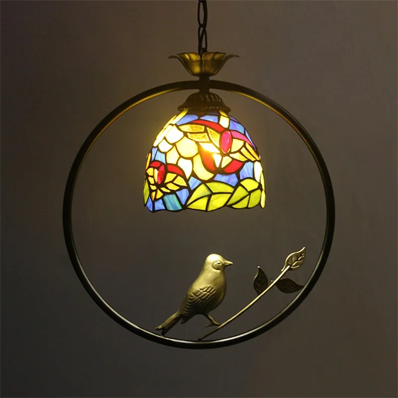 OUFULA Tiffany Pendant Lamp LED Creative Color Glass Hanging Light Bird Decor for Home Dining Room Bedroom Balcony