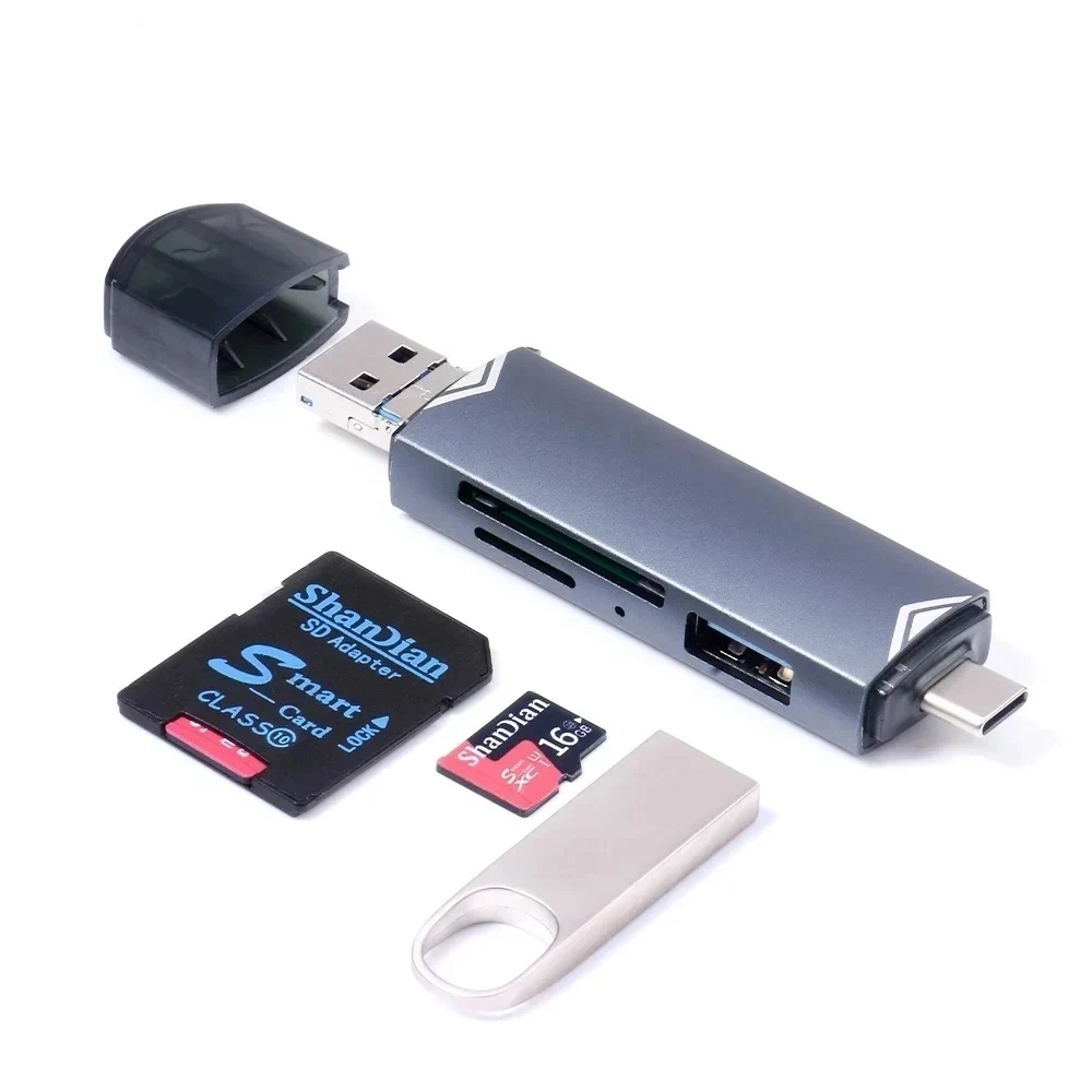 

6 in 1 Multifunctional High-Speed USB 3.0 Type-C Micro USB Memory Card Reader Universal Portable Aluminum Alloy Card Adapter for