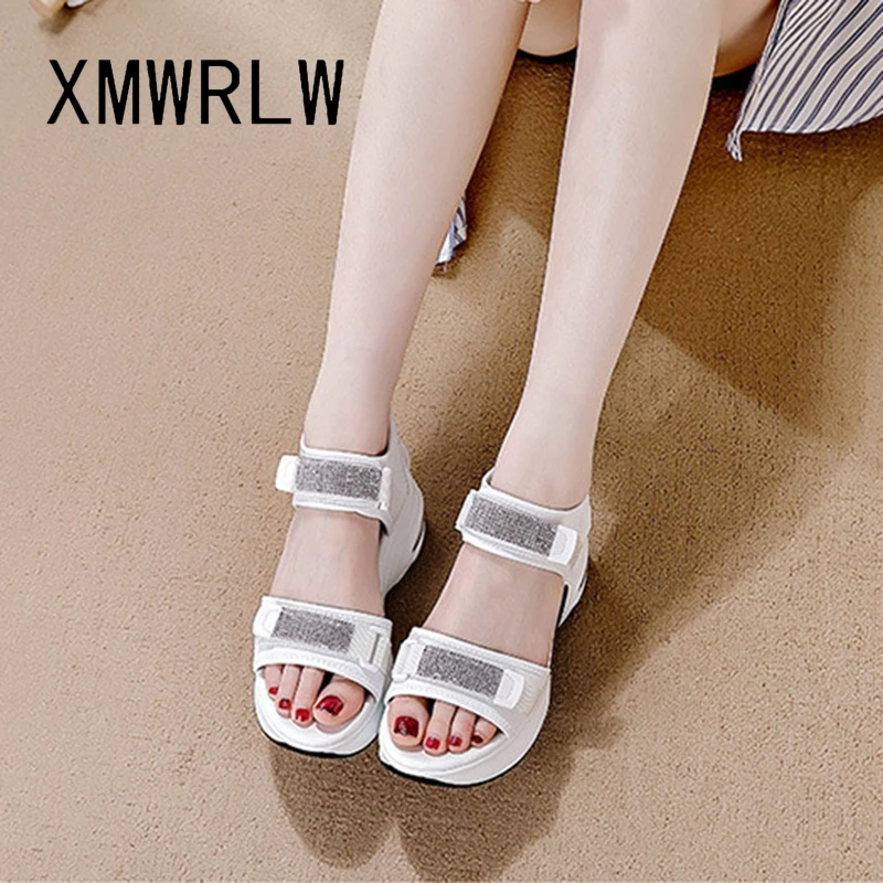 XMWRLW Genuine Leather Women Summer Sandals Casual Hook Loop Women High Heels Sandals Summer Shoes Rubber Sole Ladies Sandal