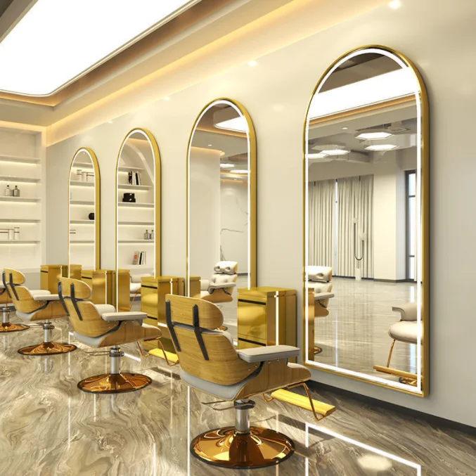 Large Full Length Gold Styling Barber Salon Furniture Wall Mounted Hairdressing Makeup Led Beauty Salon Mirror