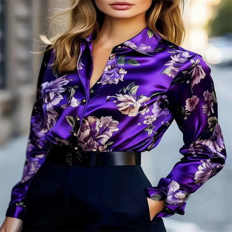 Women's glossy satin blouse, purple gradient moon and star print, long-sleeved collared button-down shirt, casual office top.