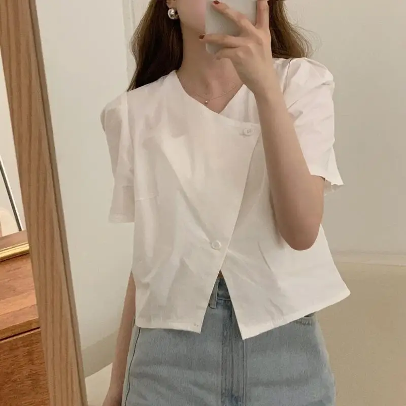 

Shirt With Irregular Oblique Button Design Niche Short Blue Women'S Summer Thin Chic Short-Sleeved Top For Small People