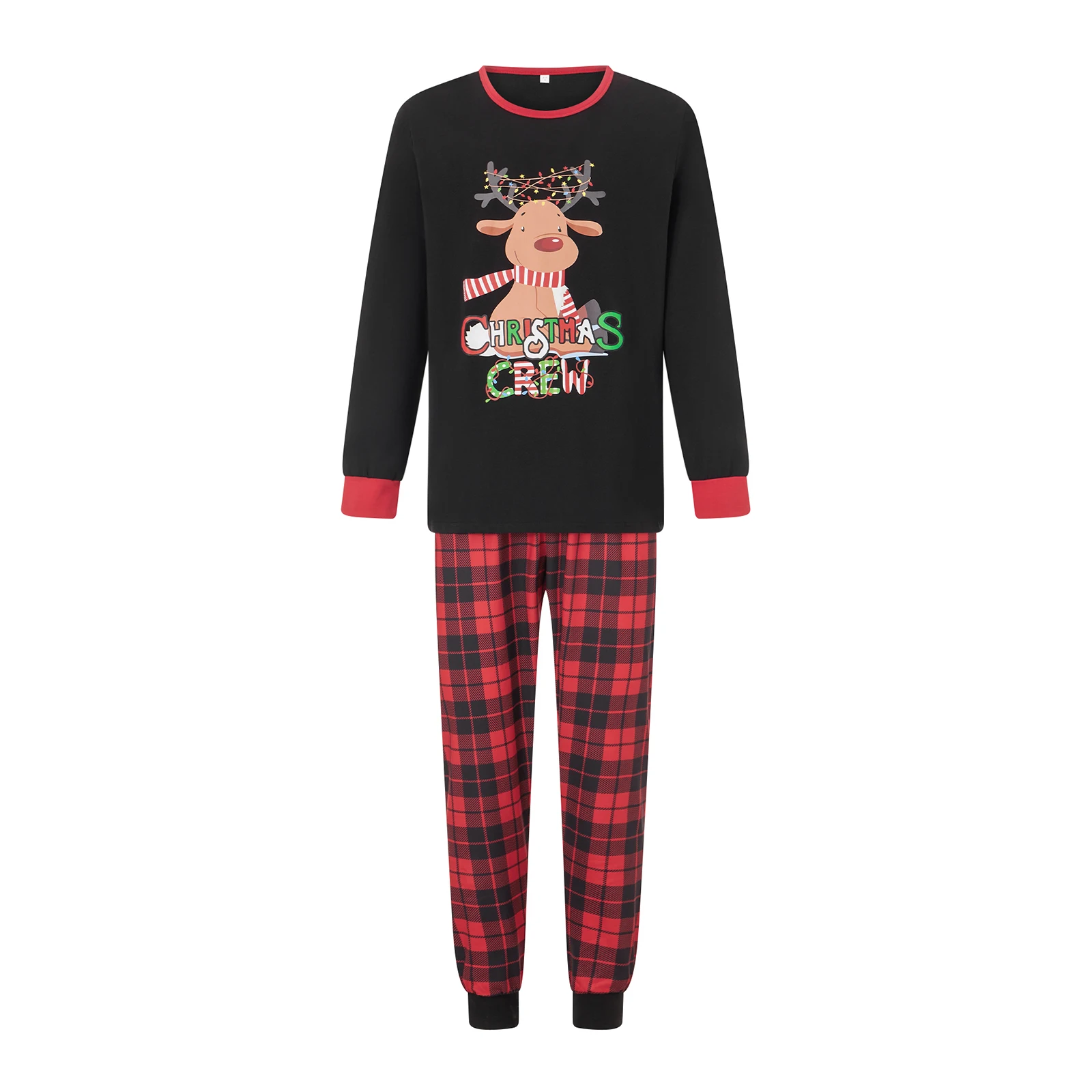 Family Christmas Matching Pajamas Elk Print Long Sleeve T-Shirts and Plaid Pants Set Loungewear Soft Sleepwear Xmas Look Outfits