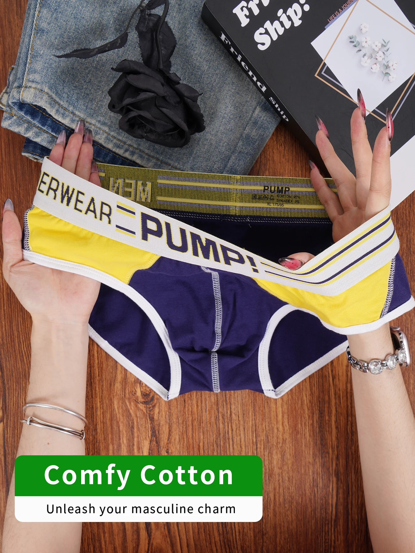 Men's Contrast Color Block Briefs, Convex Pouch with Letter Print Striped Wide Waistband High Elastic Breathable Underwear