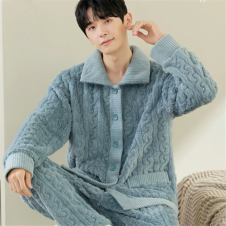 Men Warm Flannel Winter Pajamas Turn-down Collar Long Sleeve Homewear Two-piece Set Loose Comfortable Thick Sleepwear Nightwear