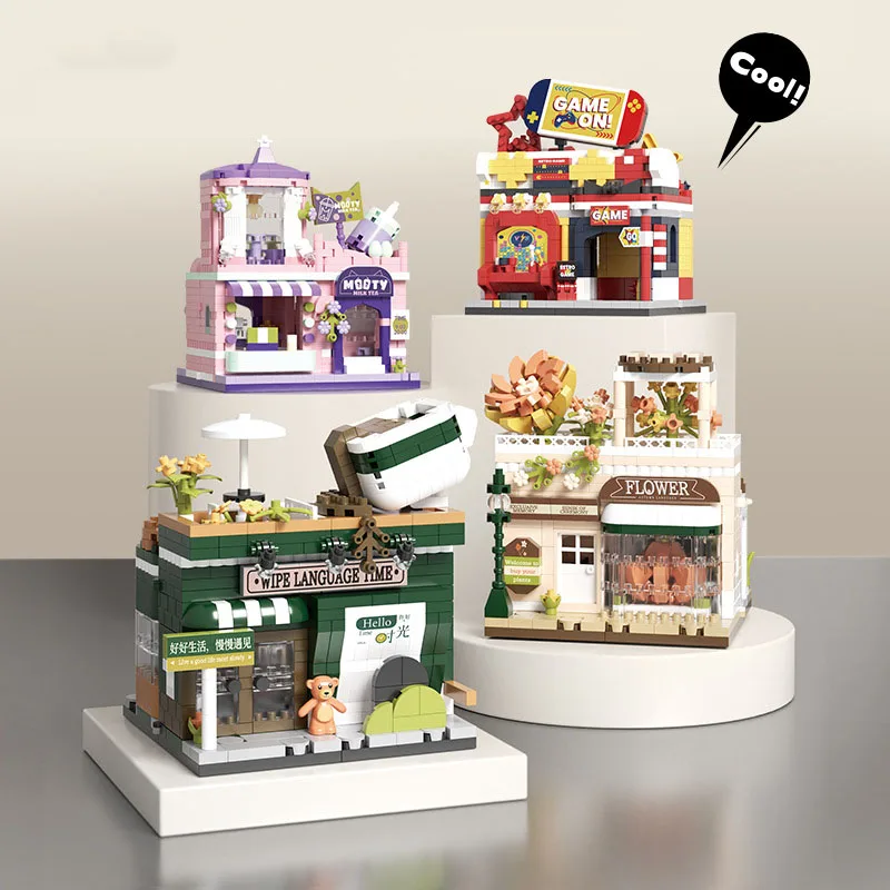Funny City Street View Building Bricks Florist Coffee Shop Milk Tea Game Hall Construction Mini Block Streetscape Toys For Gifts
