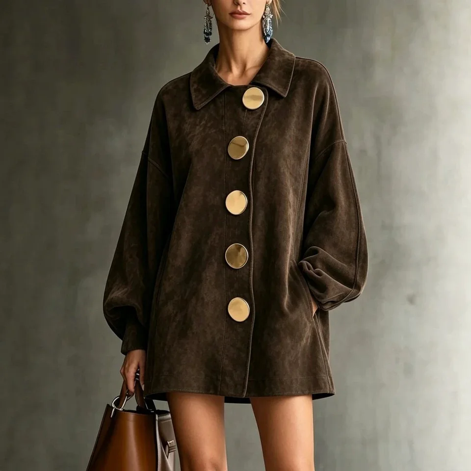 2026 Lapel. Suede Women's Coat With Dropped. Shoulders, Mid-length, Elegant Style Women's Casual Dresses Robe Luxury Clothes