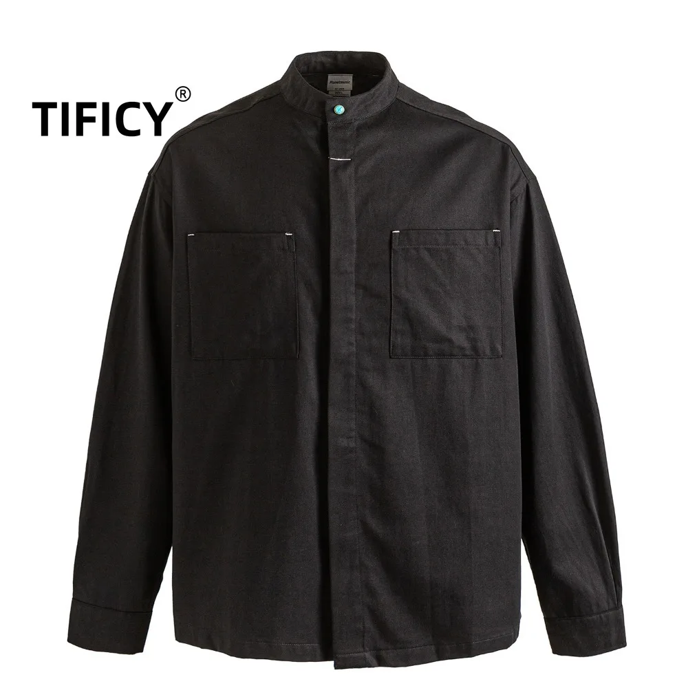 

High Street Autumn New Japanese Retro Workwear Stand-Up Collar Shirt Men's Long Sleeve Solid Color Casual Shirts Tops