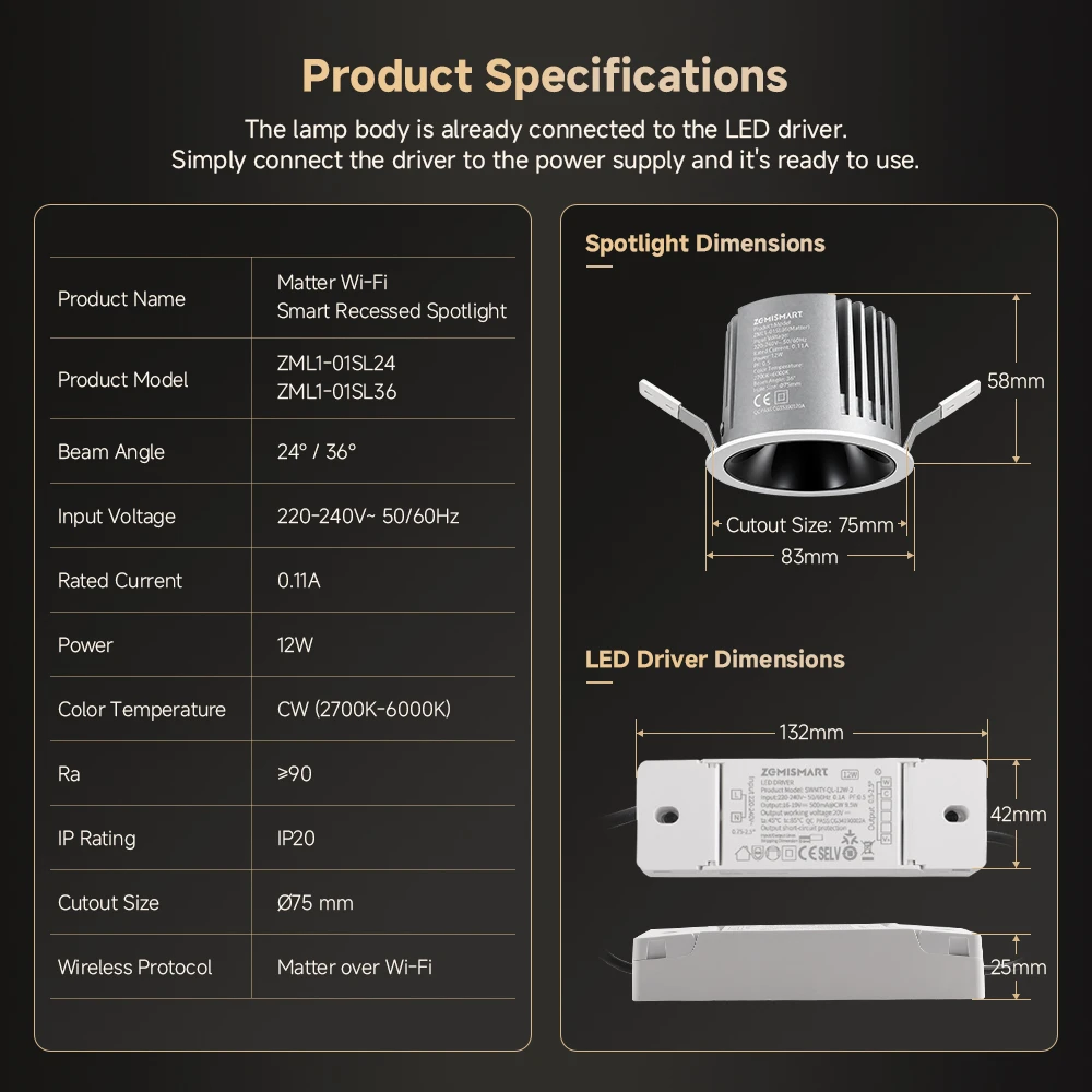 Zemismart Matter WiFi Smart LED Recessed Spotlight 12W Anti-Glare Dimmable Downlight Adjustable Angle HomeKit Alexa Google Home