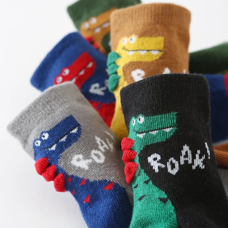 5 Pairs Boys Socks Cute Cartoon Dinosaur Pattern Cotton Comfortable Breathable Kids Socks