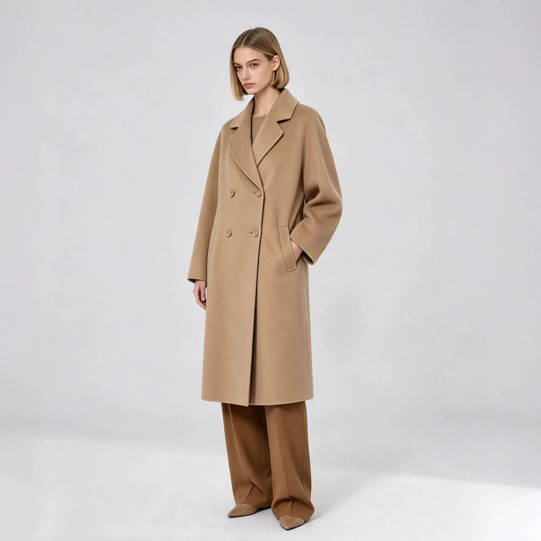 2026 New Women Long Double-Faced Wool Coat, Korean Style Double Breasted Oversized Loose Fit