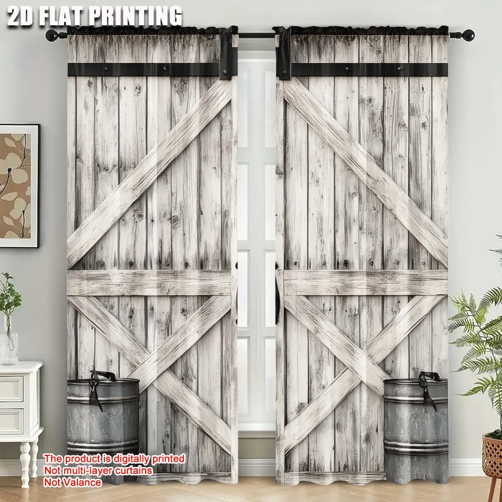 2Pcs Wooden Retro Barn Door Pattern Curtain Countryside Style Decorative Printed Light Filtering Curtain For Home Decor