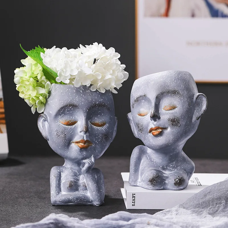 Nordic Ins Resin Human Face Flower Vase Ornaments Creative Abstract Human Head Dried Flower Vases Home Decoration Accessories