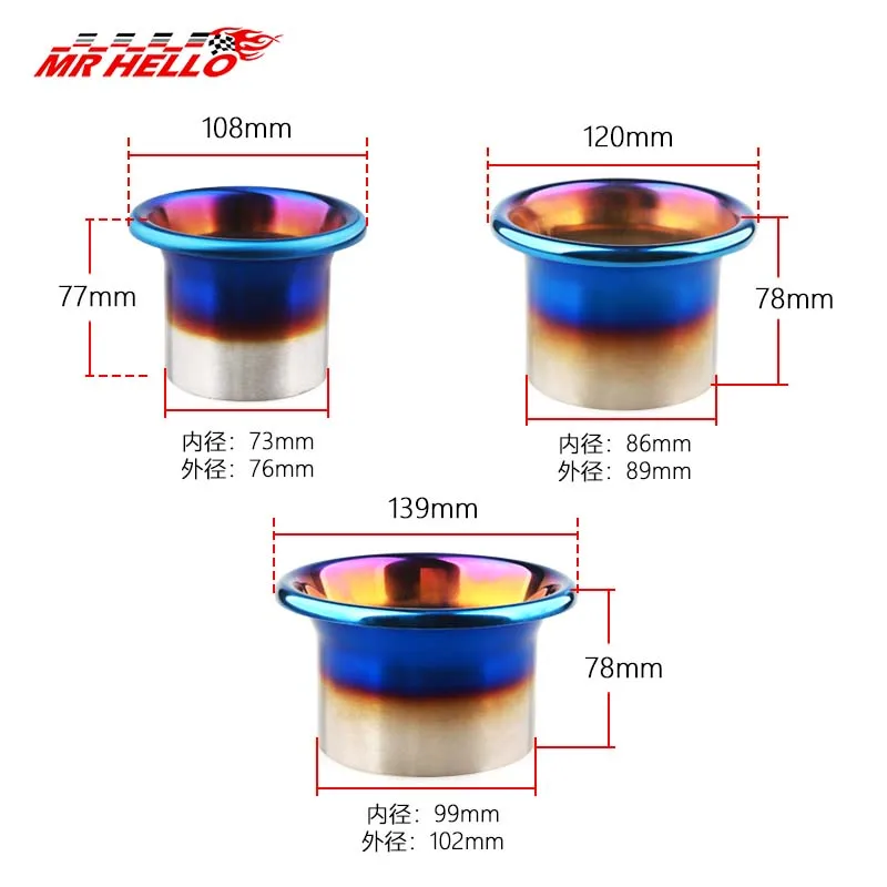 3 Zoll / 3,5 Zoll / 4 Zoll Auto-Modifikation, Edelstahl, gebackenes Titan, blauer Einlass, Trend, universeller Turbinen-Glockenmund