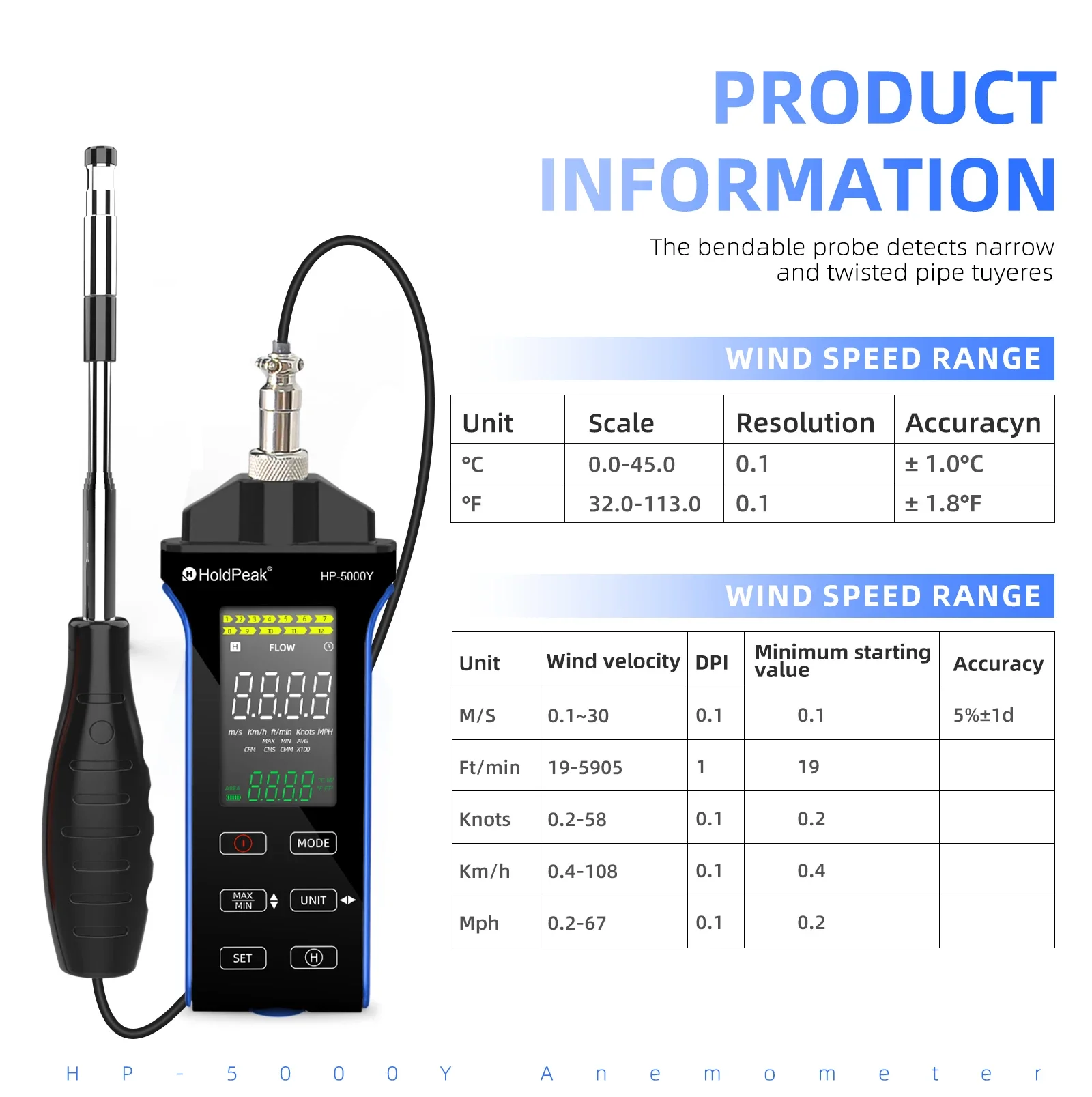 Anemometer with Extendable Probe Measures Wind Speed & Air Volume, Features LCD Screen, MAX/MIN for HVAC/Environment HP-5000Y