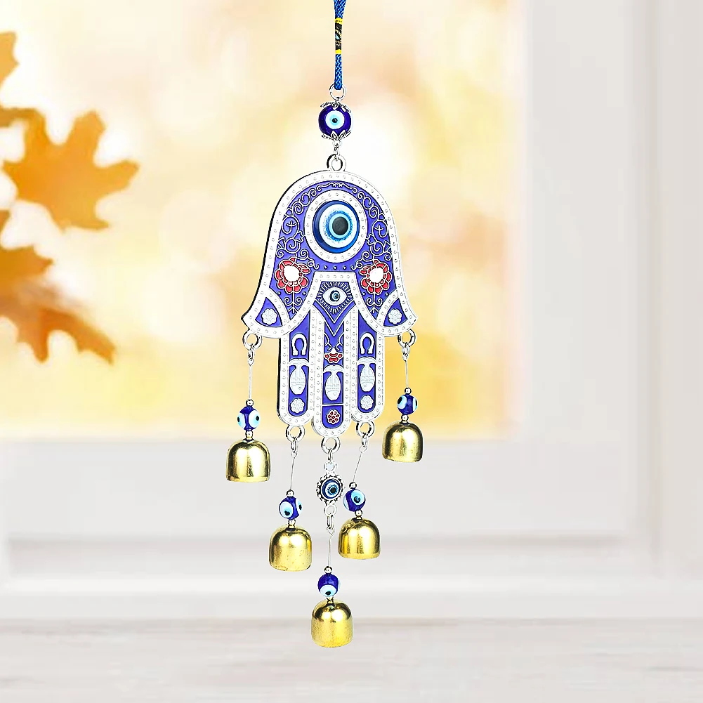 Fatima Wind Chimes Feng Shui Amulets Lucky Turkey Blue Eye Metal Bell Protection Protection Yoga Home Hanging Decor Car Pendant