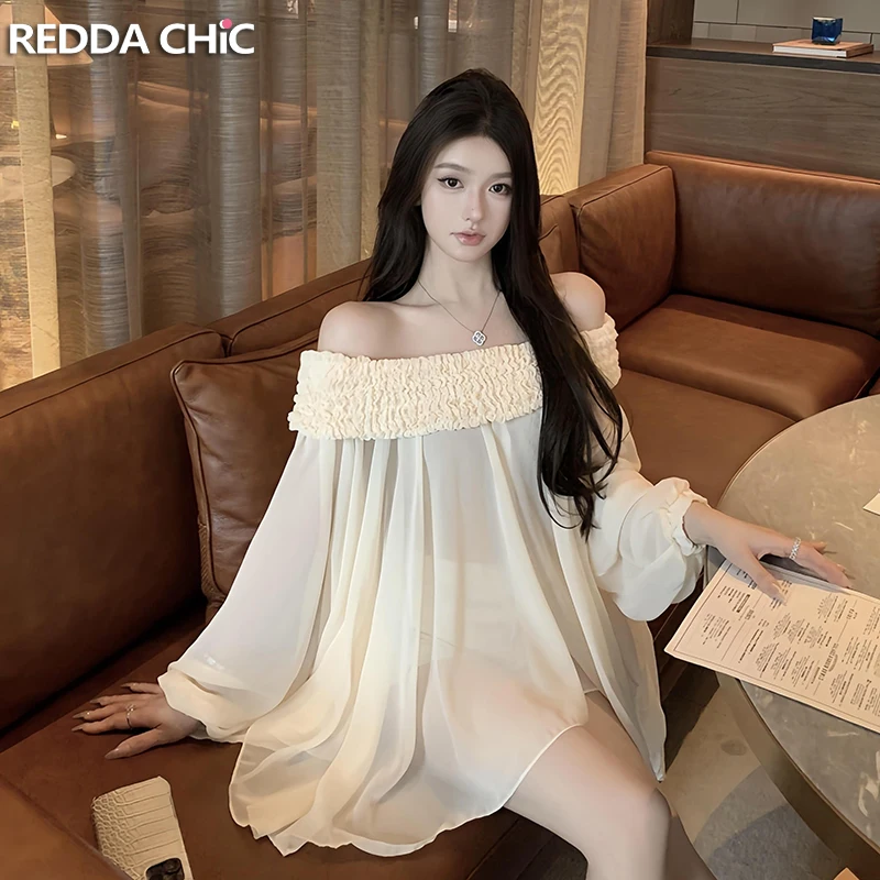 

ReddaChic женский шифоновый топ с длинными рукавами и струящимся нерегулярным подолом, тонкий удлиненный топ на одно плечо, свадебная одежда для подружки невесты