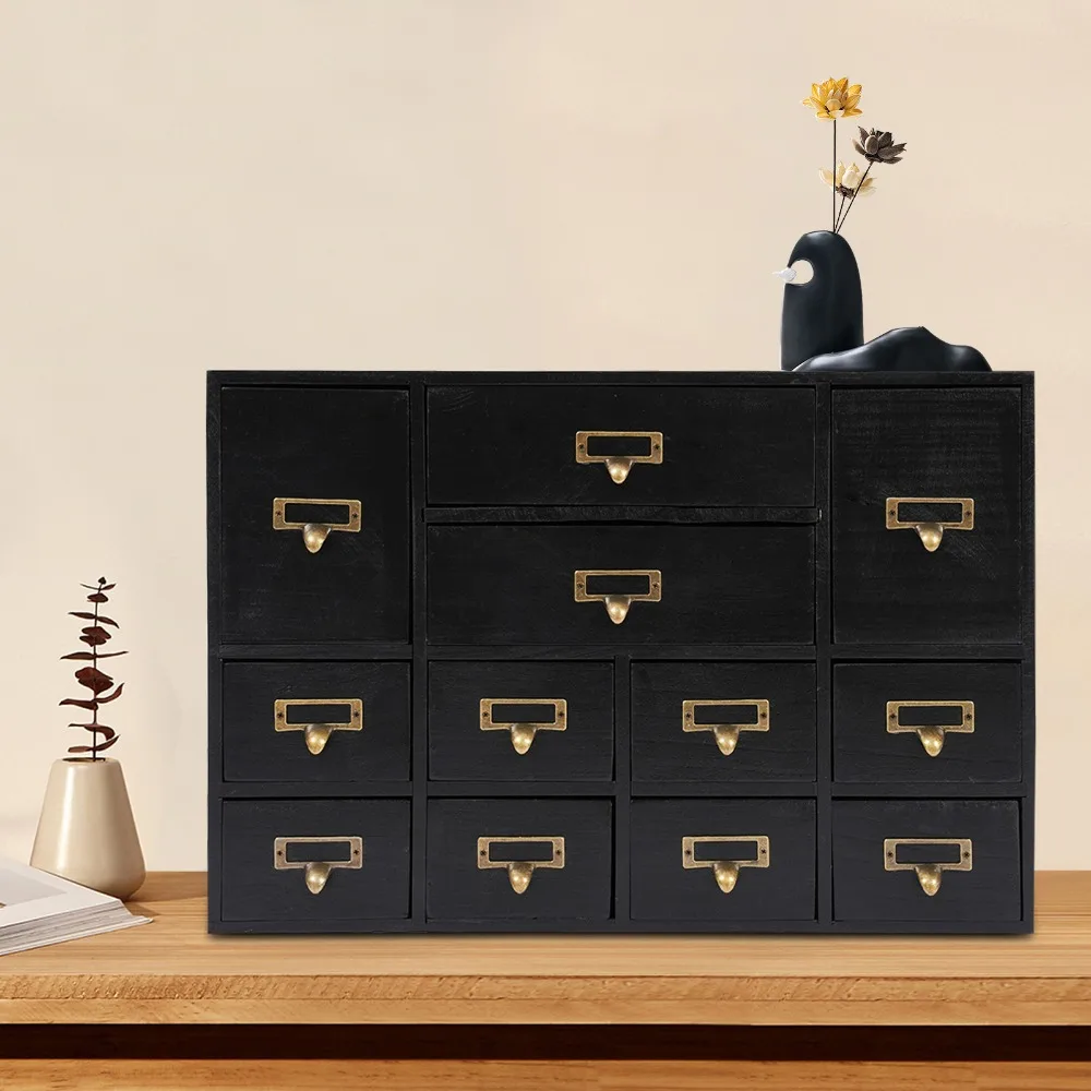 

12 Drawers Desk Drawer Organizer Wooden Vintage Apothecary Cabinet Library Card Catalog Cabinet Home Office Organization (Black)